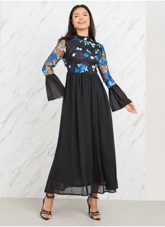 Floral Embroidered Flute Sleeves A-Line Maxi Dress
