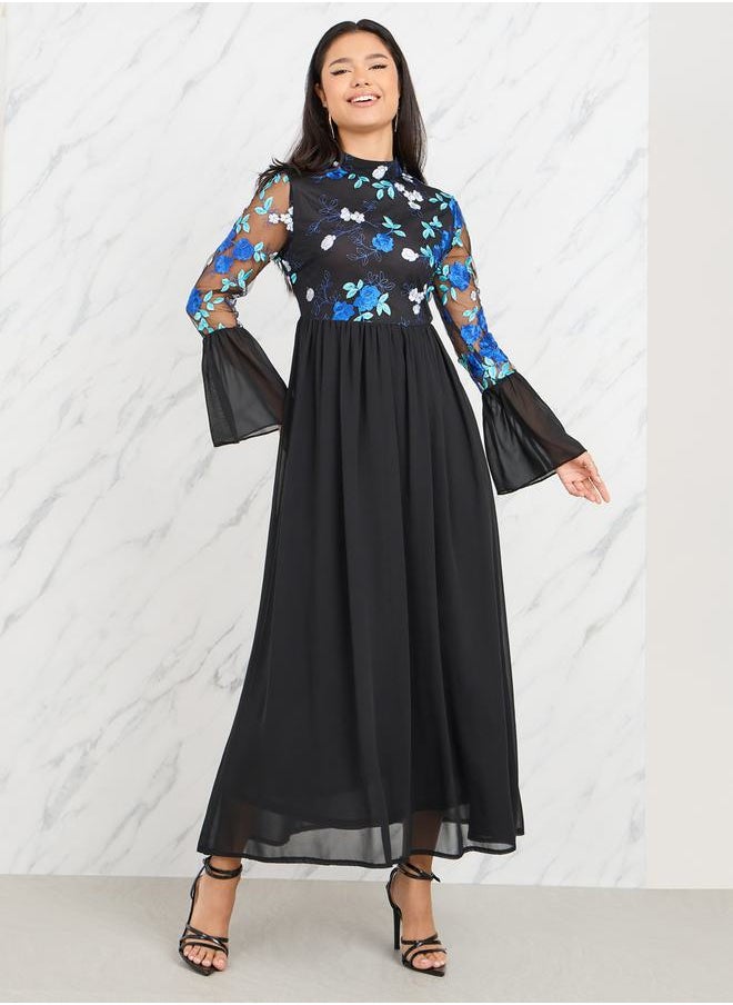 Styli - Floral Embroidered Flute Sleeves A-Line Maxi Dress - Image 1