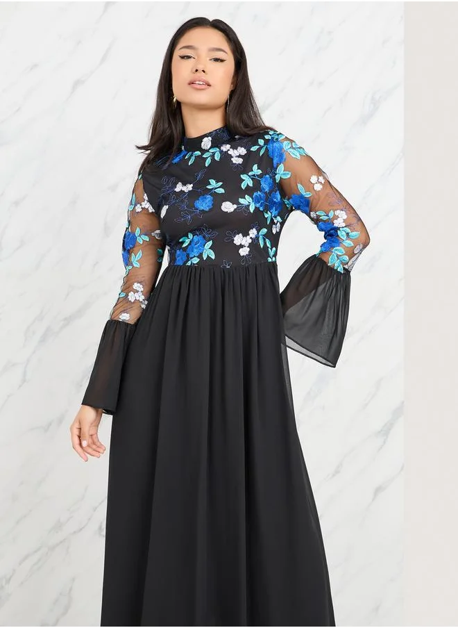 Styli Floral Embroidered Flute Sleeves A-Line Maxi Dress