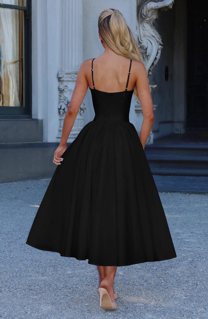 Memoriesea Women's Elegant V Neck Spaghetti Strap A Line Ruched Wedding Party Midi Dress Black - Image 5