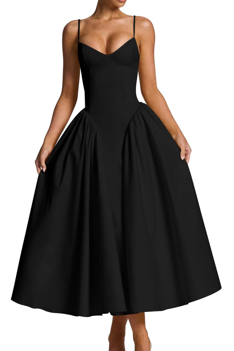 Memoriesea Women's Elegant V Neck Spaghetti Strap A Line Ruched Wedding Party Midi Dress Black - Image 1
