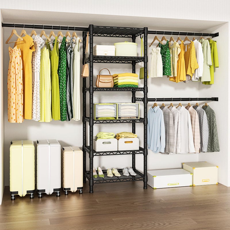 Ulif M5 Wall Mounted Clothes Garment Rack, Heavy Duty Closet Storage and Organizer System with 6 Shelves and 3 Expandable Hanger Rods, Space Saver Suit (46.2-102.4)" W x 14" D x 83.1" H, Black - Image 1