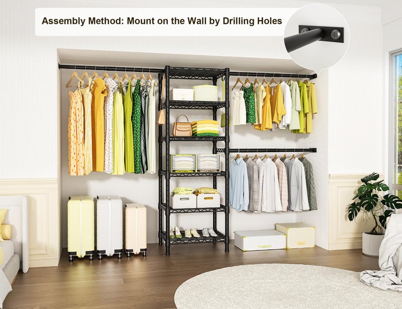 Ulif M5 Wall Mounted Clothes Garment Rack, Heavy Duty Closet Storage and Organizer System with 6 Shelves and 3 Expandable Hanger Rods, Space Saver Suit (46.2-102.4)" W x 14" D x 83.1" H, Black - Image 2