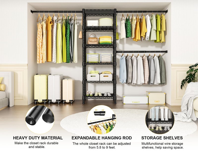 Ulif M5 Wall Mounted Clothes Garment Rack, Heavy Duty Closet Storage and Organizer System with 6 Shelves and 3 Expandable Hanger Rods, Space Saver Suit (46.2-102.4)" W x 14" D x 83.1" H, Black - Image 4