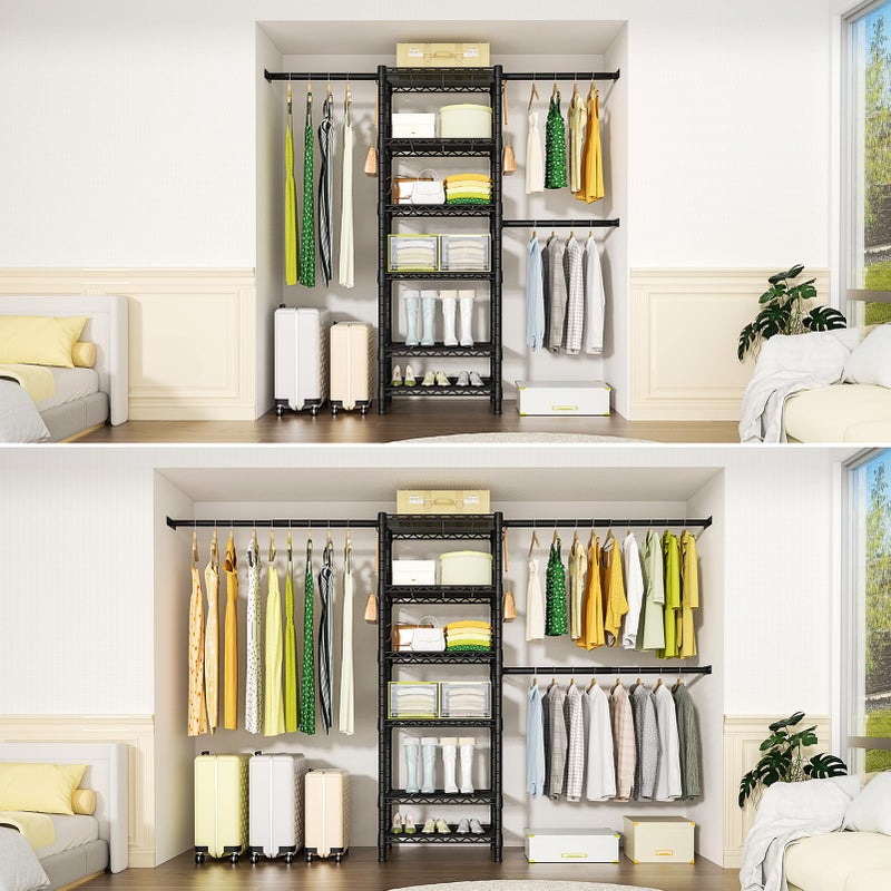 Ulif M5 Wall Mounted Clothes Garment Rack, Heavy Duty Closet Storage and Organizer System with 6 Shelves and 3 Expandable Hanger Rods, Space Saver Suit (46.2-102.4)" W x 14" D x 83.1" H, Black - Image 3