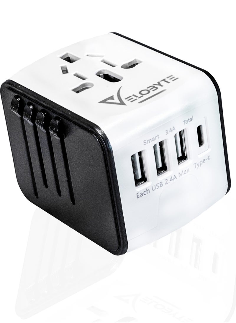 VELOBYTE Universal International Travel Power Adapter with High Speed 2.4A USB, 3.0A Type-C Wall Charger, European Adapter, Worldwide AC Outlet Plugs Adapters for Europe, UK, US, AU, Asia White  - Image 1