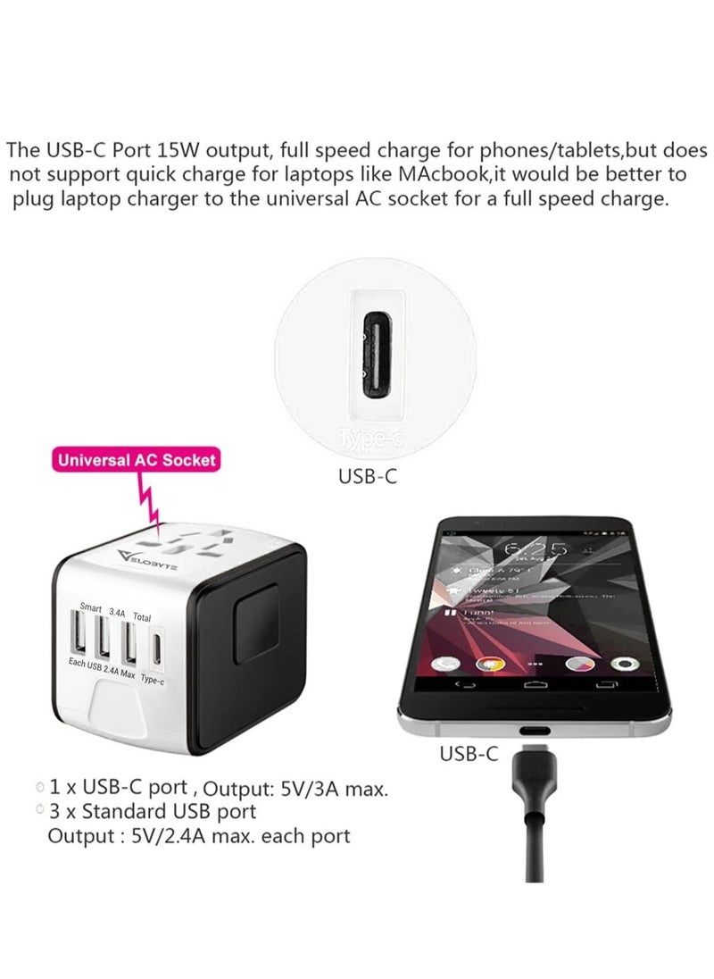VELOBYTE Universal International Travel Power Adapter with High Speed 2.4A USB, 3.0A Type-C Wall Charger, European Adapter, Worldwide AC Outlet Plugs Adapters for Europe, UK, US, AU, Asia White  - Image 4