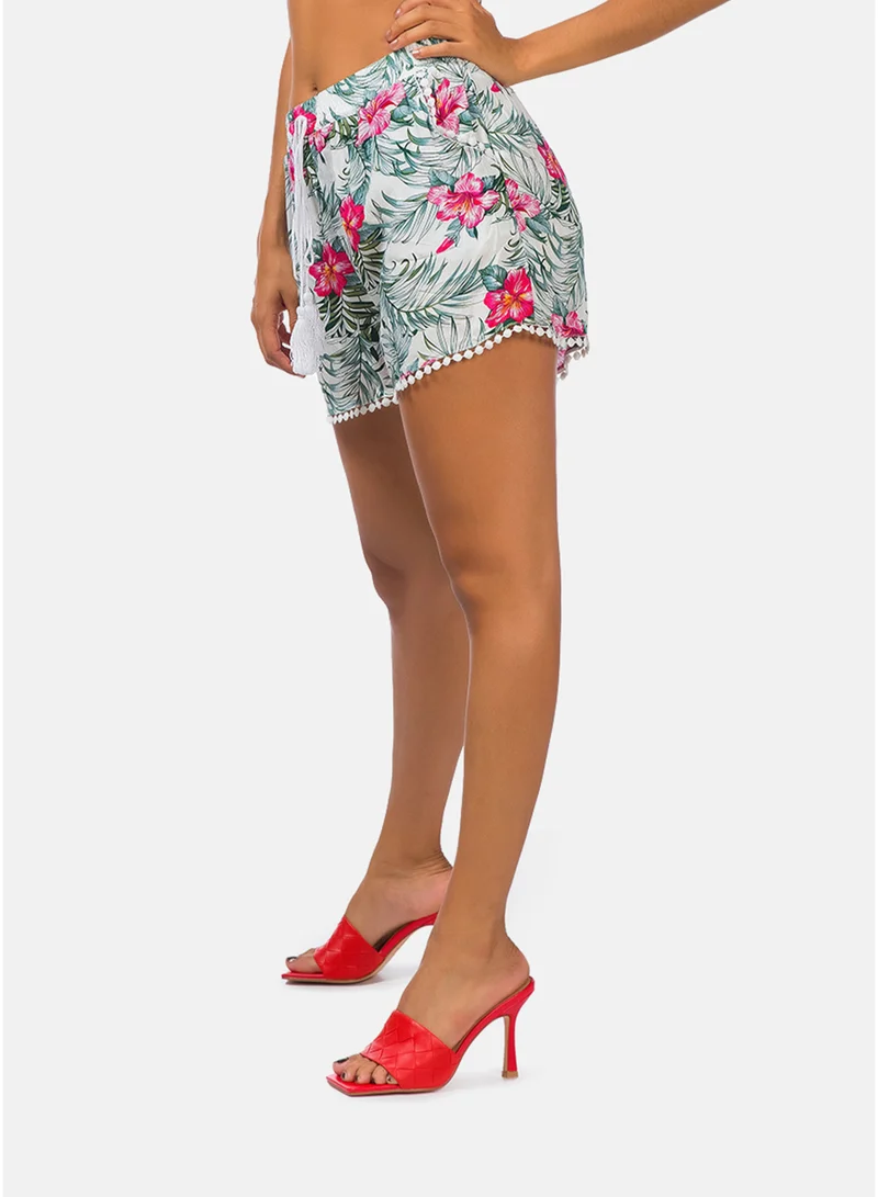 London Rag London Rag Tropical Printed Pom Pom Shorts in Pink