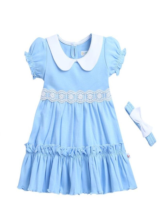 BUMZEE فستان قطني أزرق سماوي للبنات من BUMZEE بأكمام نصفية مع عصابة رأس، مناسب للأعمار من 12 إلى 18 شهرًا (Peb9063D-sbl) - Image 1