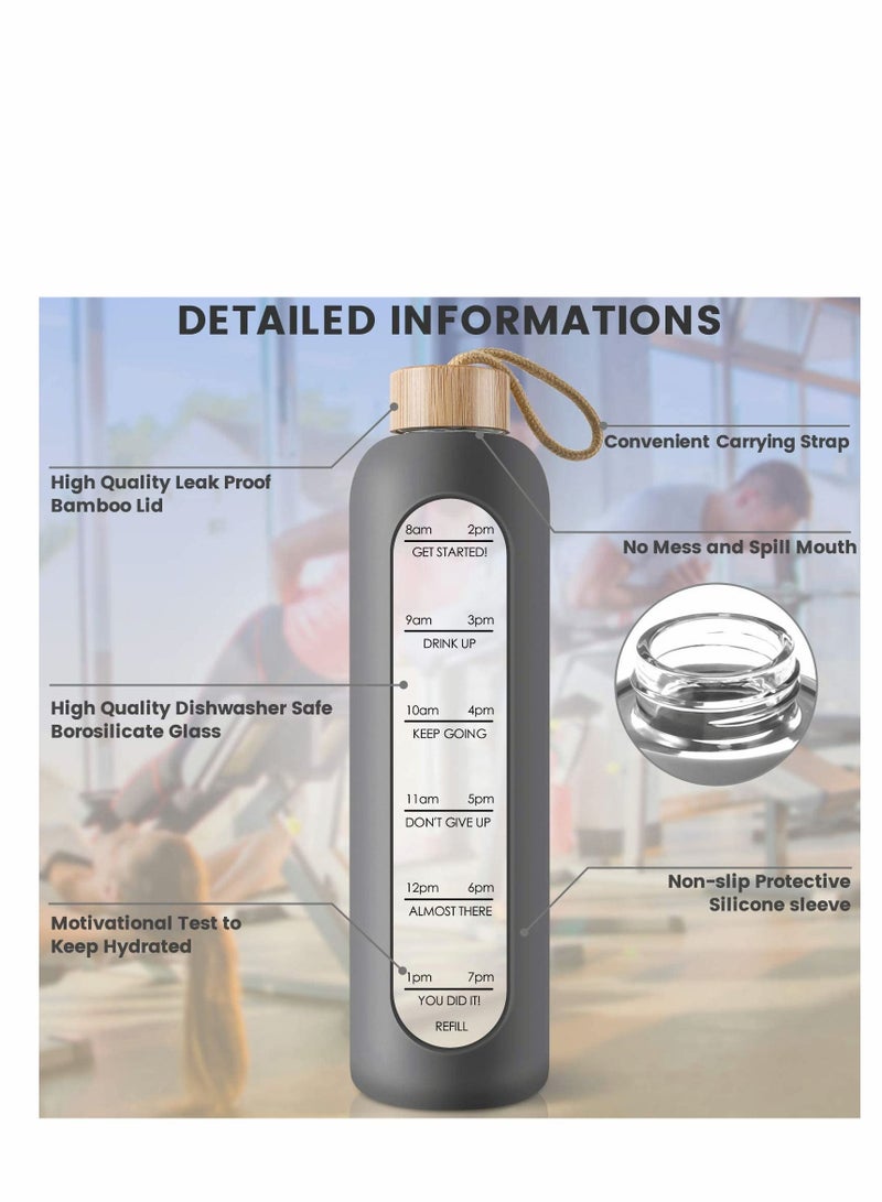 سيوسي 32 اوز زجاج البورسليكات زجاجة ، مع الوقت علامة تذكير اقتباس ، مانعة للتسرب ، قابلة لإعادة الاستخدام ، لا تحتوي على ثنائي الفينول أ ، هلام السيليكا الأكمام الخيزران غطاء ملهمة - Image 3