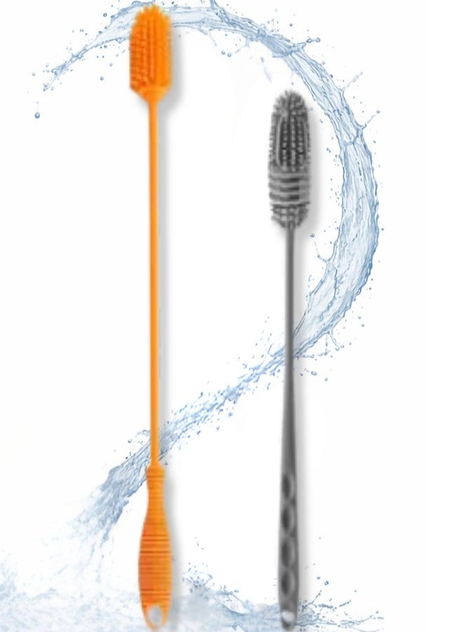 Patel's Kitchen Silicone Bottle Brushes, Long (32CM) and Short (24CM) Brush Set, Multi-Purpose for Bottles, Vases and Cups, Orange and Grey, Pack of 2 - Image 1