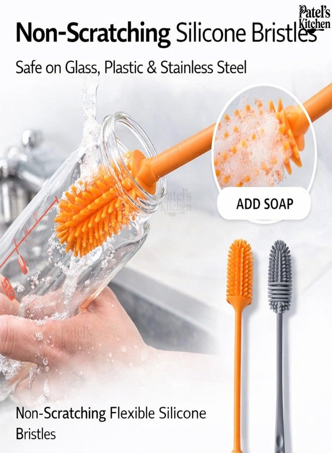 Patel's Kitchen Silicone Bottle Brushes, Long (32CM) and Short (24CM) Brush Set, Multi-Purpose for Bottles, Vases and Cups, Orange and Grey, Pack of 2 - Image 3
