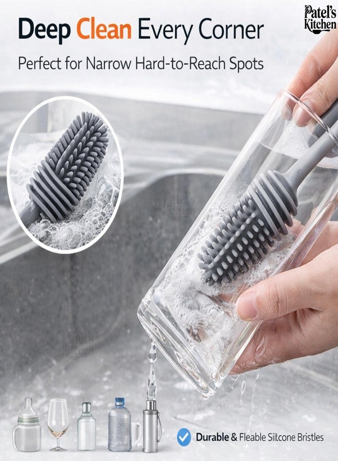 Patel's Kitchen Silicone Bottle Brushes, Long (32CM) and Short (24CM) Brush Set, Multi-Purpose for Bottles, Vases and Cups, Orange and Grey, Pack of 2 - Image 2
