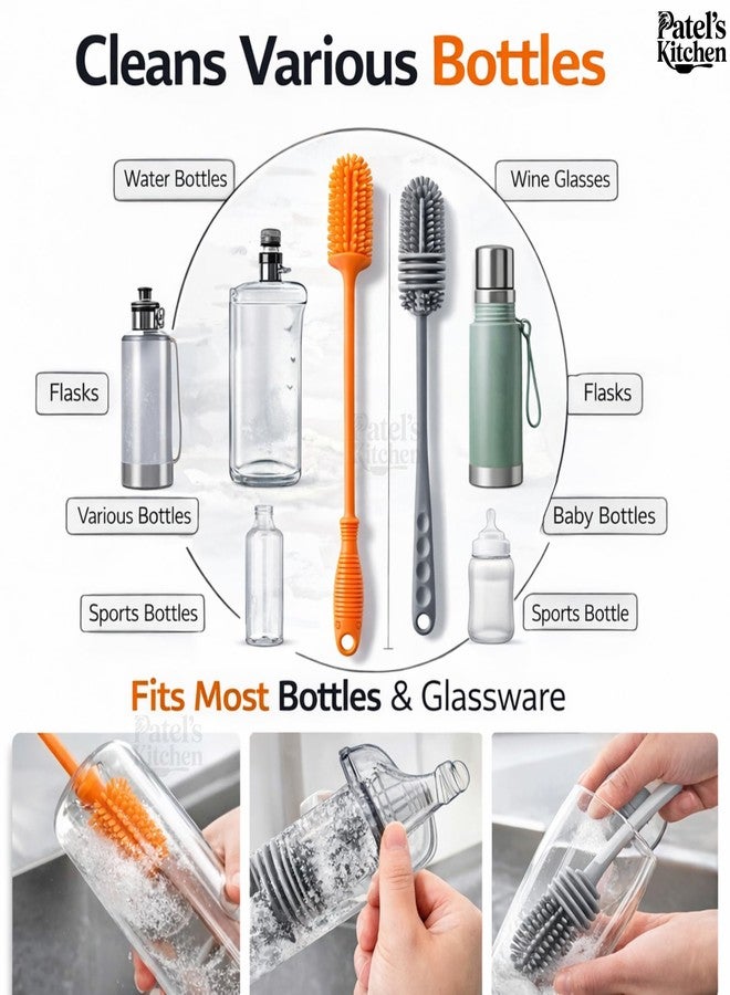 Patel's Kitchen Silicone Bottle Brushes, Long (32CM) and Short (24CM) Brush Set, Multi-Purpose for Bottles, Vases and Cups, Orange and Grey, Pack of 2 - Image 4