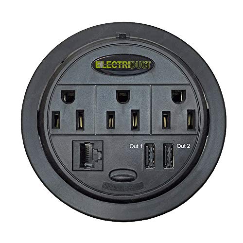Electriduct Power Tap Grommet with Hidden Power Center w/ 3 Power, 2 USB & 1 CAT6 - Black (Pack of 2)  - Image 1