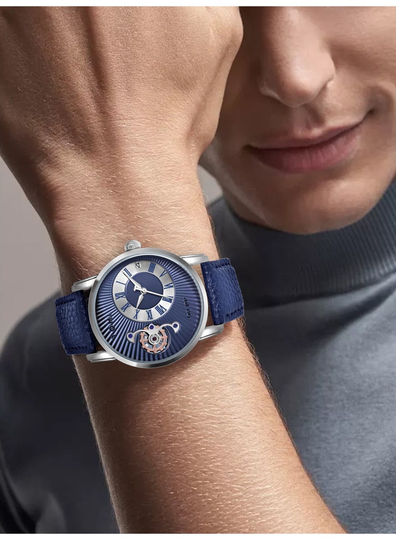TOMI Gear Skeleton Quartz Watch for Men, Roman Numeral Blue Dial Wrist Watch with Date Window, Premium Leather Strap Fashion Business Casual Male Watch - Image 5