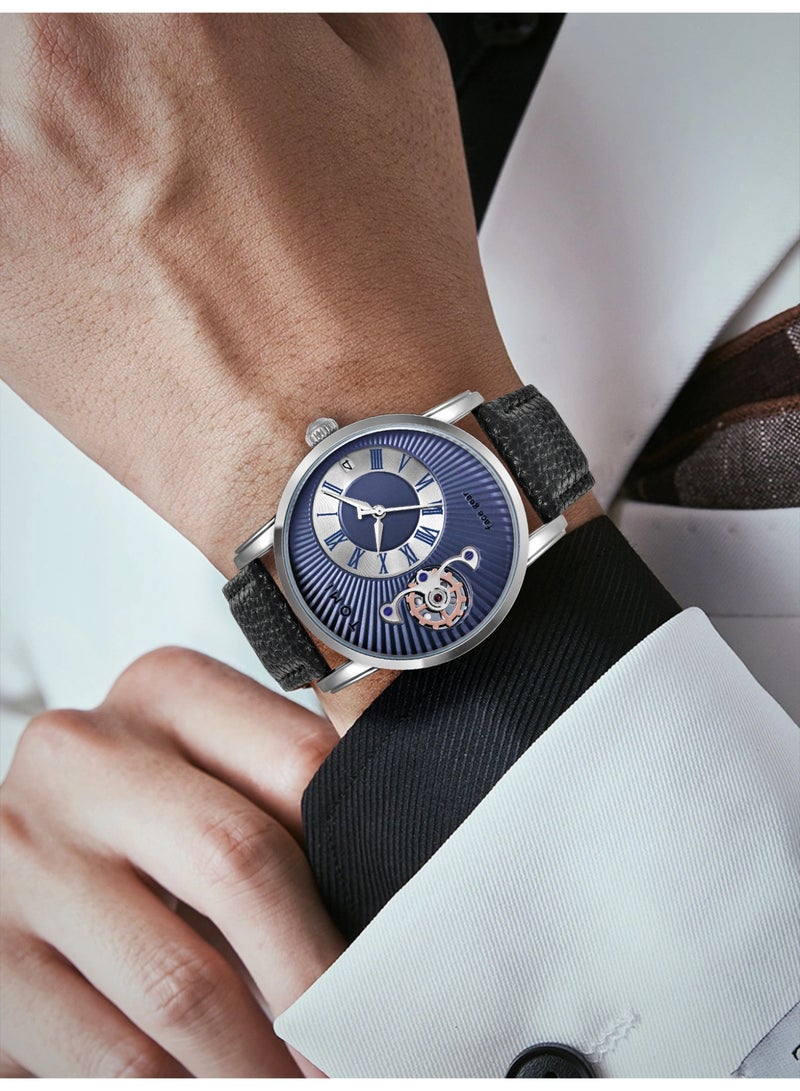TOMI Gear Skeleton Quartz Watch for Men, Roman Numeral Blue Dial Wrist Watch with Date Window, Premium Leather Strap Fashion Business Casual Male Watch - Image 4