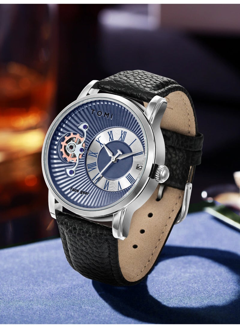 TOMI Gear Skeleton Quartz Watch for Men, Roman Numeral Blue Dial Wrist Watch with Date Window, Premium Leather Strap Fashion Business Casual Male Watch - Image 3