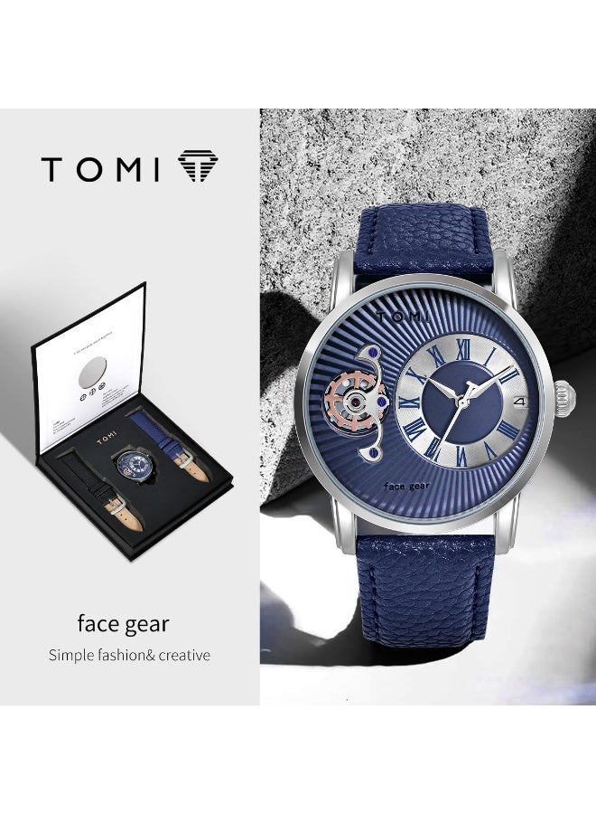 TOMI Gear Skeleton Quartz Watch for Men, Roman Numeral Blue Dial Wrist Watch with Date Window, Premium Leather Strap Fashion Business Casual Male Watch - Image 1