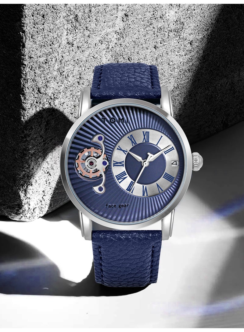 TOMI Gear Skeleton Quartz Watch for Men, Roman Numeral Blue Dial Wrist Watch with Date Window, Premium Leather Strap Fashion Business Casual Male Watch - Image 2