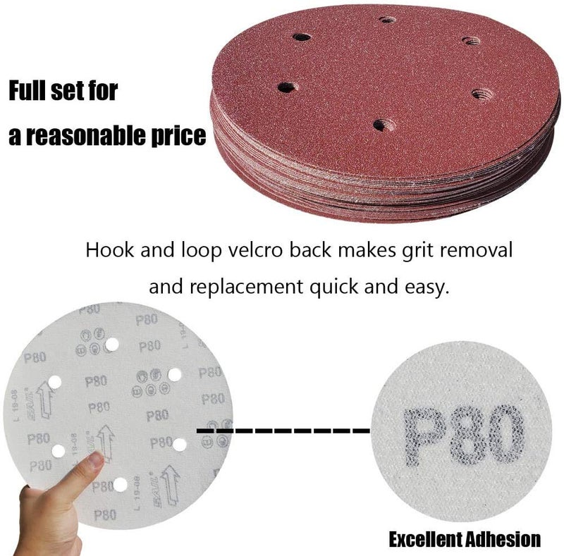 Tonmp 50 PCS 9 Inch 6 Hole Drywall Sanding Discs Set -10 Each of 60 80 120 150 240 Grits, 9" Hook-and-Loop Sandpaper for Electric Drywall Sander - Image 4