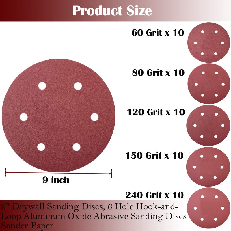 Tonmp 50 PCS 9 Inch 6 Hole Drywall Sanding Discs Set -10 Each of 60 80 120 150 240 Grits, 9" Hook-and-Loop Sandpaper for Electric Drywall Sander - Image 2