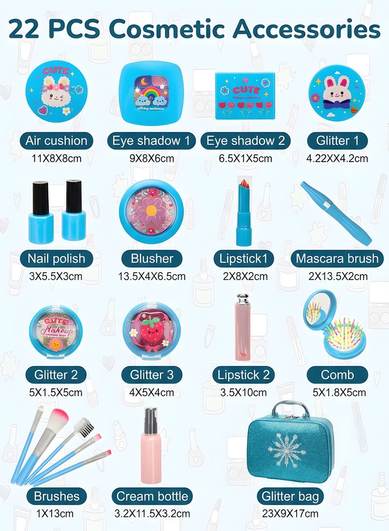 مساحة باردة مجموعة مكياج للأطفال للبنات - 22 قطعة، مجموعة مستحضرات تجميل للعب التخيلي، قابلة للغسل، وعلبة مكياج حقيقية للفتيات الصغيرات، أميرات، مع فرش ومرآة وحقيبة تخزين، هدية مثالية للعب الأدوار للأطفال من سن 3 إلى 12 عامًا - Image 2