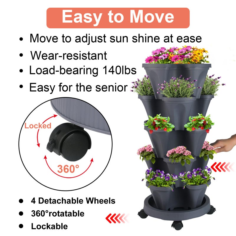 GameXcel Vertical Planter Tower - 5 Tier Stackable Garden Planters with Wheels and Tools Plant Pots for Strawberry Herb Flower and Vegetable Indoor Outdoor Use Dark Gray - Image 5