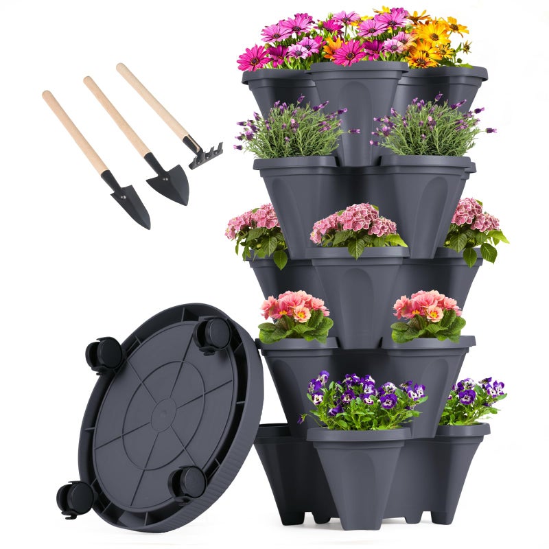 GameXcel Vertical Planter Tower - 5 Tier Stackable Garden Planters with Wheels and Tools Plant Pots for Strawberry Herb Flower and Vegetable Indoor Outdoor Use Dark Gray - Image 1