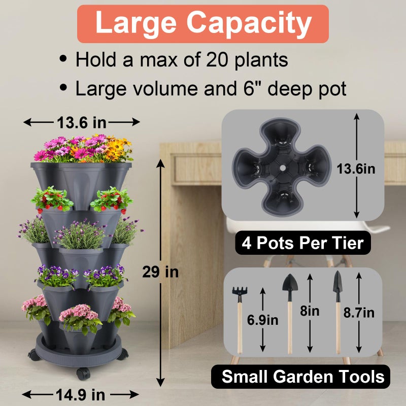GameXcel Vertical Planter Tower - 5 Tier Stackable Garden Planters with Wheels and Tools Plant Pots for Strawberry Herb Flower and Vegetable Indoor Outdoor Use Dark Gray - Image 4