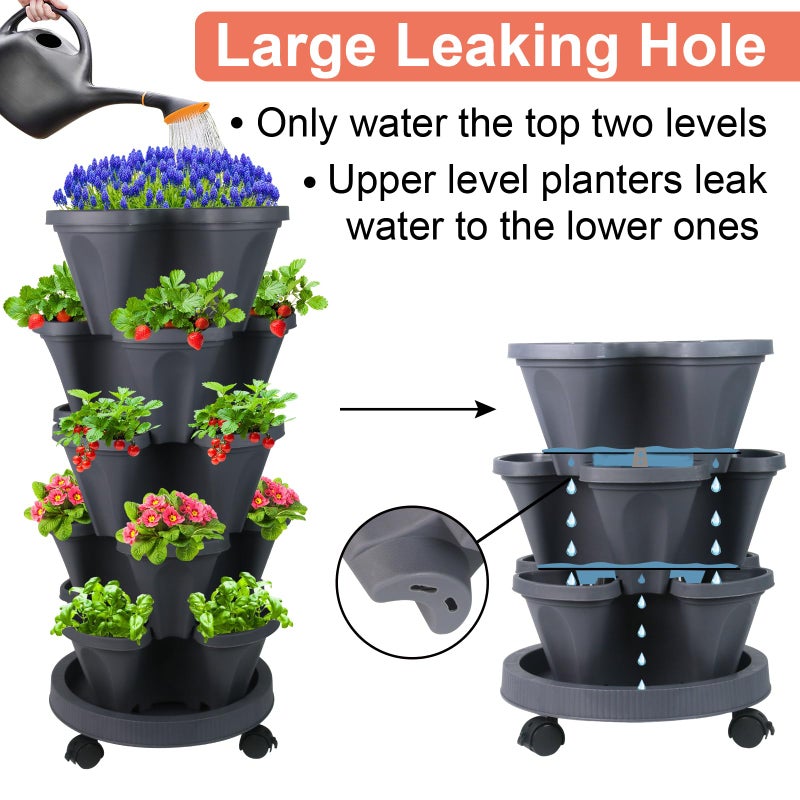 GameXcel Vertical Planter Tower - 5 Tier Stackable Garden Planters with Wheels and Tools Plant Pots for Strawberry Herb Flower and Vegetable Indoor Outdoor Use Dark Gray - Image 3