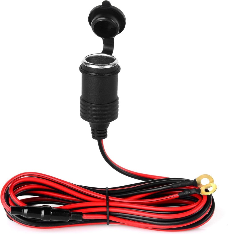 QBM شواحن سيارات QBM 12V مقبس ولاعة سجائر أنثوي إلى موصل طرف حلقة O موصل ولاعة سجائر سلك شاحن مزود بصندوق فيوز 10A مع غطاء مقاوم للماء والغبار، USB، أسود - Image 1
