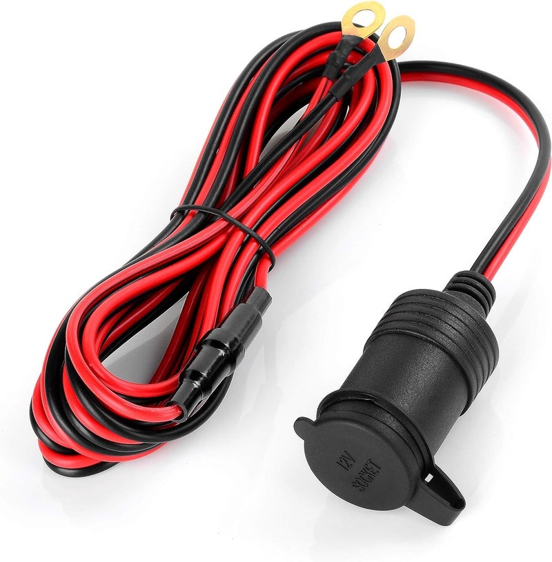 QBM شواحن سيارات QBM 12V مقبس ولاعة سجائر أنثوي إلى موصل طرف حلقة O موصل ولاعة سجائر سلك شاحن مزود بصندوق فيوز 10A مع غطاء مقاوم للماء والغبار، USB، أسود - Image 2