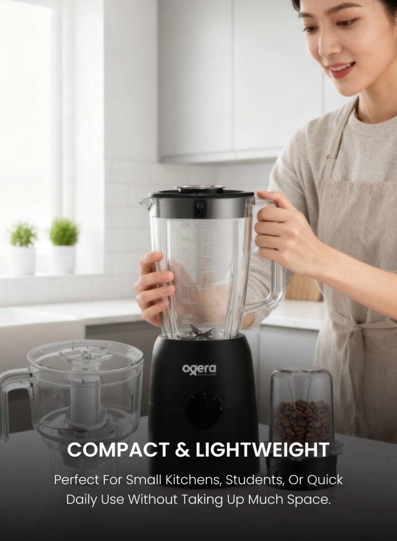 أوجيرا خلاط كهربائي ٣ في ١، ٦٥٠ واط | خلاط طعام متعدد الوظائف عالي السرعة مع ملحقات مطحنة ومفرمة | وعاء ١.٨ لتر غير قابل للكسر، شفرات متينة من الفولاذ المقاوم للصدأ | مثالي للعصائر، ومخفوقات الحليب، والتوابل، وطحن المكسرات | ضمان لمدة عامين - Image 3