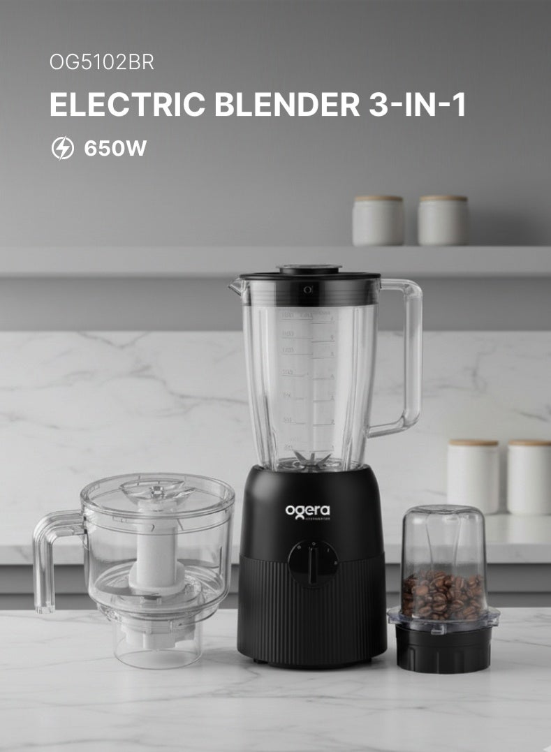3-in-1 Electric Blender 650 W OG5102BR | High-Speed Multi-Function Food Blender with Grinder & Chopper Attachments | 1.8 L Unbreakable Jar, Durable Stainless-Steel Blades | Ideal for Smoothies, Milkshakes, Spices & Nut Grinding | 2 Years Warranty