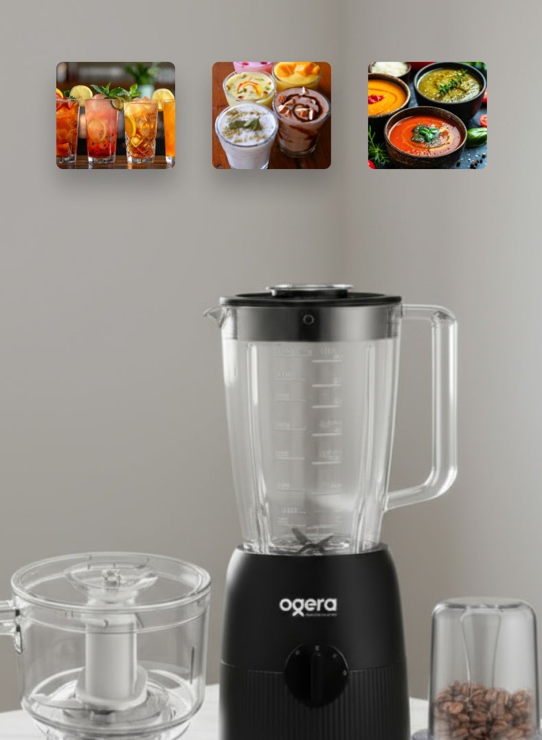 أوجيرا خلاط كهربائي ٣ في ١، ٦٥٠ واط | خلاط طعام متعدد الوظائف عالي السرعة مع ملحقات مطحنة ومفرمة | وعاء ١.٨ لتر غير قابل للكسر، شفرات متينة من الفولاذ المقاوم للصدأ | مثالي للعصائر، ومخفوقات الحليب، والتوابل، وطحن المكسرات | ضمان لمدة عامين - Image 5