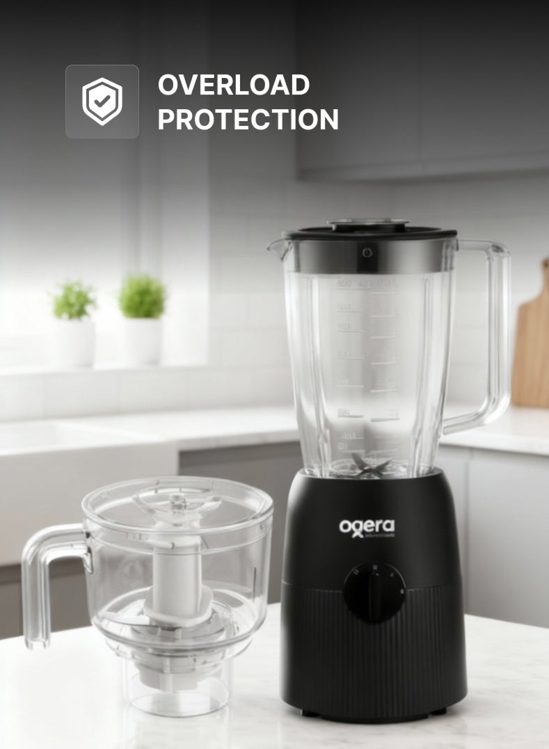 أوجيرا خلاط كهربائي ٣ في ١، ٦٥٠ واط | خلاط طعام متعدد الوظائف عالي السرعة مع ملحقات مطحنة ومفرمة | وعاء ١.٨ لتر غير قابل للكسر، شفرات متينة من الفولاذ المقاوم للصدأ | مثالي للعصائر، ومخفوقات الحليب، والتوابل، وطحن المكسرات | ضمان لمدة عامين - Image 4