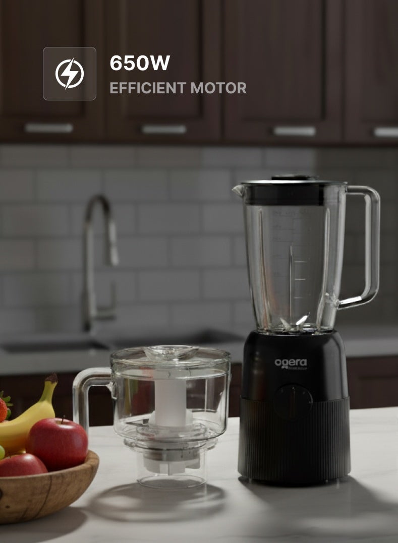 أوجيرا خلاط كهربائي ٣ في ١، ٦٥٠ واط | خلاط طعام متعدد الوظائف عالي السرعة مع ملحقات مطحنة ومفرمة | وعاء ١.٨ لتر غير قابل للكسر، شفرات متينة من الفولاذ المقاوم للصدأ | مثالي للعصائر، ومخفوقات الحليب، والتوابل، وطحن المكسرات | ضمان لمدة عامين - Image 2