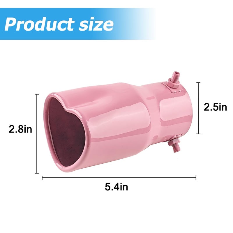 Sandfren 2.5" to 2.8" Car Exhaust Tip, 2.5" Inlet 2.8" Outlet 5.39" Long Stainless Steel Heart-Shaped Surface Polished Exhaust Tailpipe Tip, Rolled Edge Bolt on Diesel Pipe, Universal Fit (Pink) - Image 2