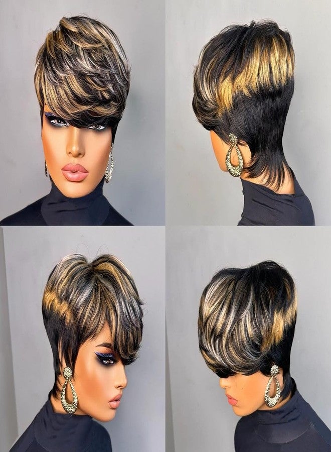 SAEIALL Short Pixie Cut Wig for Black Women Human Hair Multicolor Layered Haircut Short Wigs Glueless Wig with Bangs Full Machine Made Quick Get Up and Go Wigs - Image 5