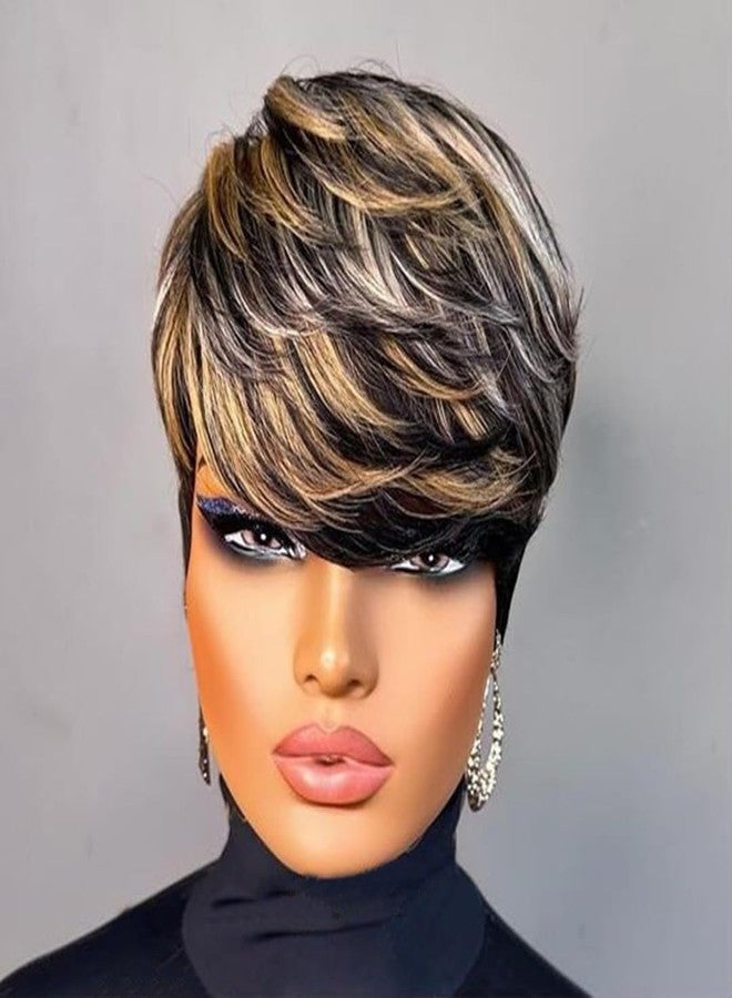 SAEIALL Short Pixie Cut Wig for Black Women Human Hair Multicolor Layered Haircut Short Wigs Glueless Wig with Bangs Full Machine Made Quick Get Up and Go Wigs - Image 2