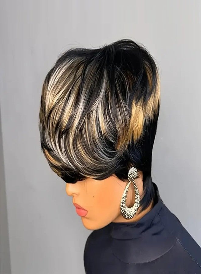 SAEIALL Short Pixie Cut Wig for Black Women Human Hair Multicolor Layered Haircut Short Wigs Glueless Wig with Bangs Full Machine Made Quick Get Up and Go Wigs - Image 1