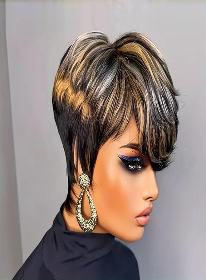 SAEIALL Short Pixie Cut Wig for Black Women Human Hair Multicolor Layered Haircut Short Wigs Glueless Wig with Bangs Full Machine Made Quick Get Up and Go Wigs - Image 3