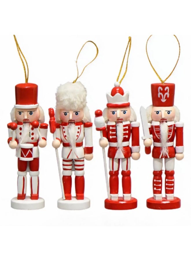 Wooden Nutcracker Soldier Figurines, 13cm, Red & White, Set of 4, Holiday Home Decor Ornament - Image 1