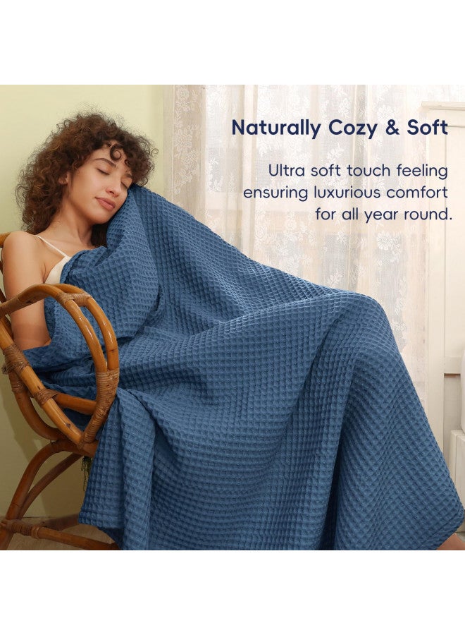 PHF PHF Ultra Soft Waffle Weave Blanket Queen Size 90"x 90"- Washed Lightweight Breathable Breathable Cozy Woven Blanket - Great for Couch Bed Sofa Home Car - Navy Blue  - Image 3