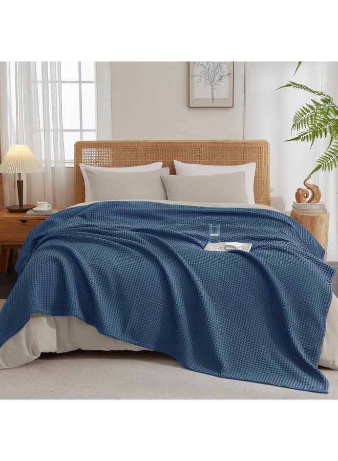 PHF PHF Ultra Soft Waffle Weave Blanket Queen Size 90"x 90"- Washed Lightweight Breathable Breathable Cozy Woven Blanket - Great for Couch Bed Sofa Home Car - Navy Blue  - Image 4