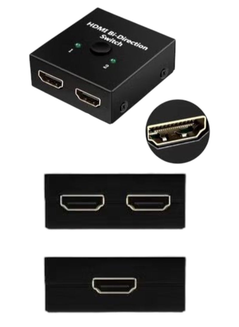 The 4K 60HZ Bi-Directional HDMI Switcher Box is 2 female inputs and 1 female output. The switch allows you to connect only 2 devices to one HDMI port (the output device) and you can switch between the two devices through the switch on the device. To clarify, the input devices such as a computer, tablet, TV screen, camera, DVR devices for surveillance cameras, Sony gaming device, or DVD, take two devices, while the output devices are one output, one screen that receives only two devices, either an LCD TV screen, a monitor, or a projector.