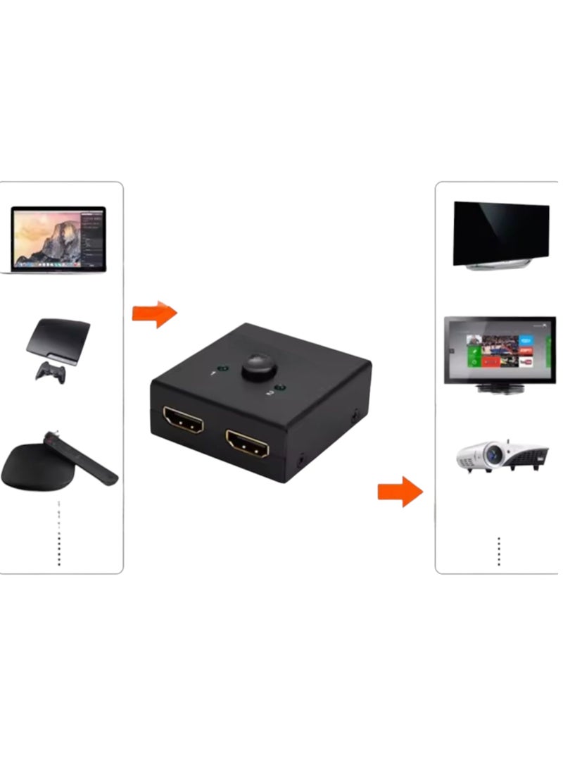 The 4K 60HZ Bi-Directional HDMI Switcher Box is 2 female inputs and 1 female output. The switch allows you to connect only 2 devices to one HDMI port (the output device) and you can switch between the two devices through the switch on the device. To clarify, the input devices such as a computer, tablet, TV screen, camera, DVR devices for surveillance cameras, Sony gaming device, or DVD, take two devices, while the output devices are one output, one screen that receives only two devices, either an LCD TV screen, a monitor, or a projector.