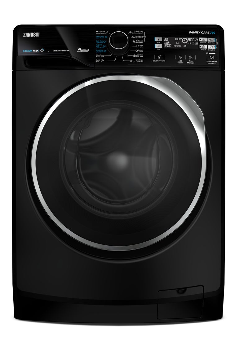 زانوسي غسالة زانوسي STEAMMAX اتوماتك 8 كيلو تحميل امامي اسود باب اسود بالعدسة بإطار كروم انفرتر موتور ZWF8221BL8