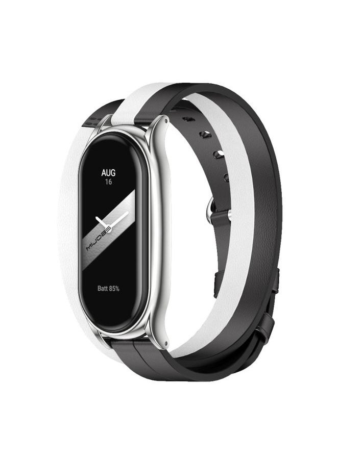 Generic Replacement Strap For Xiaomi Mi Band 8 Mijobs Plus Case Double-Loop Leather Watch Band Black+White+Silver 